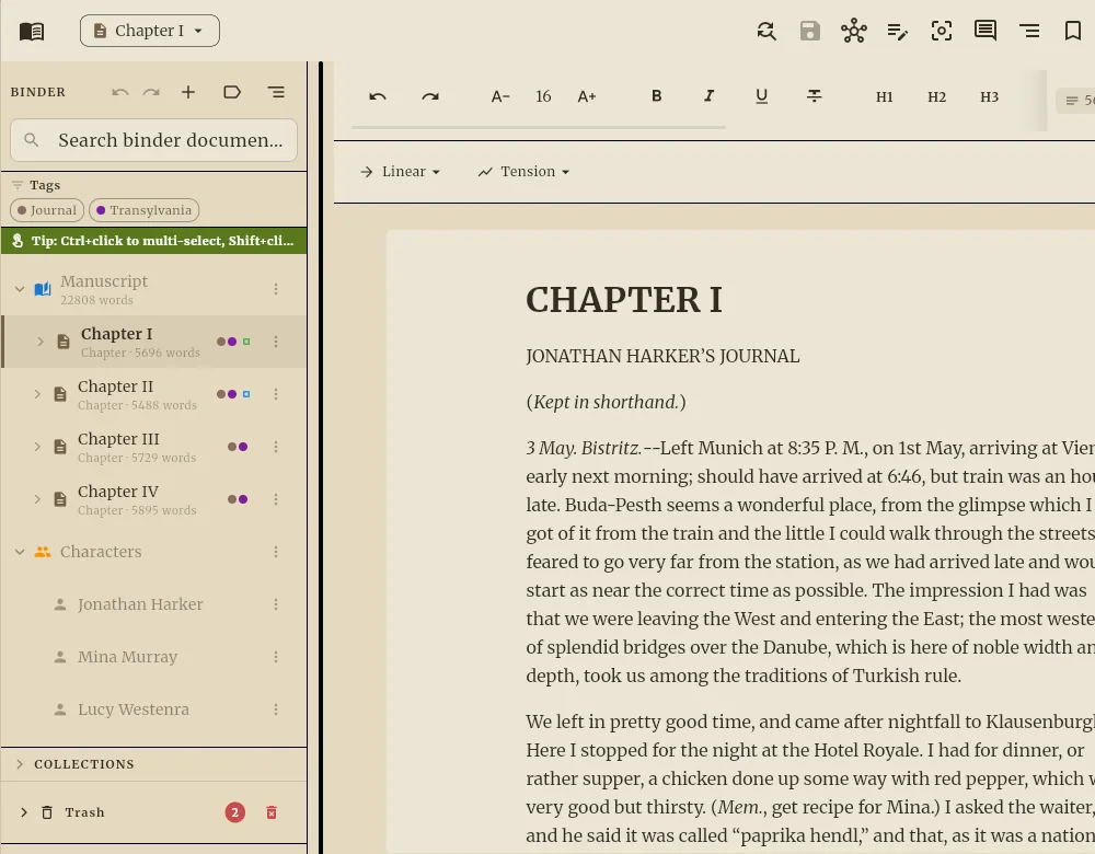 Binder listing the chapters and characters of Dracula beside the manuscript editor