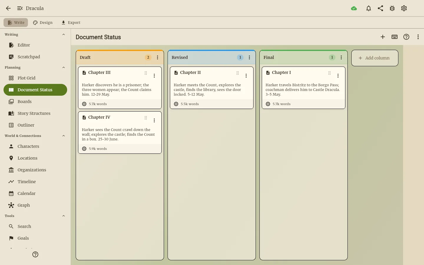 Document status board with chapters sorted into draft, revised, and final